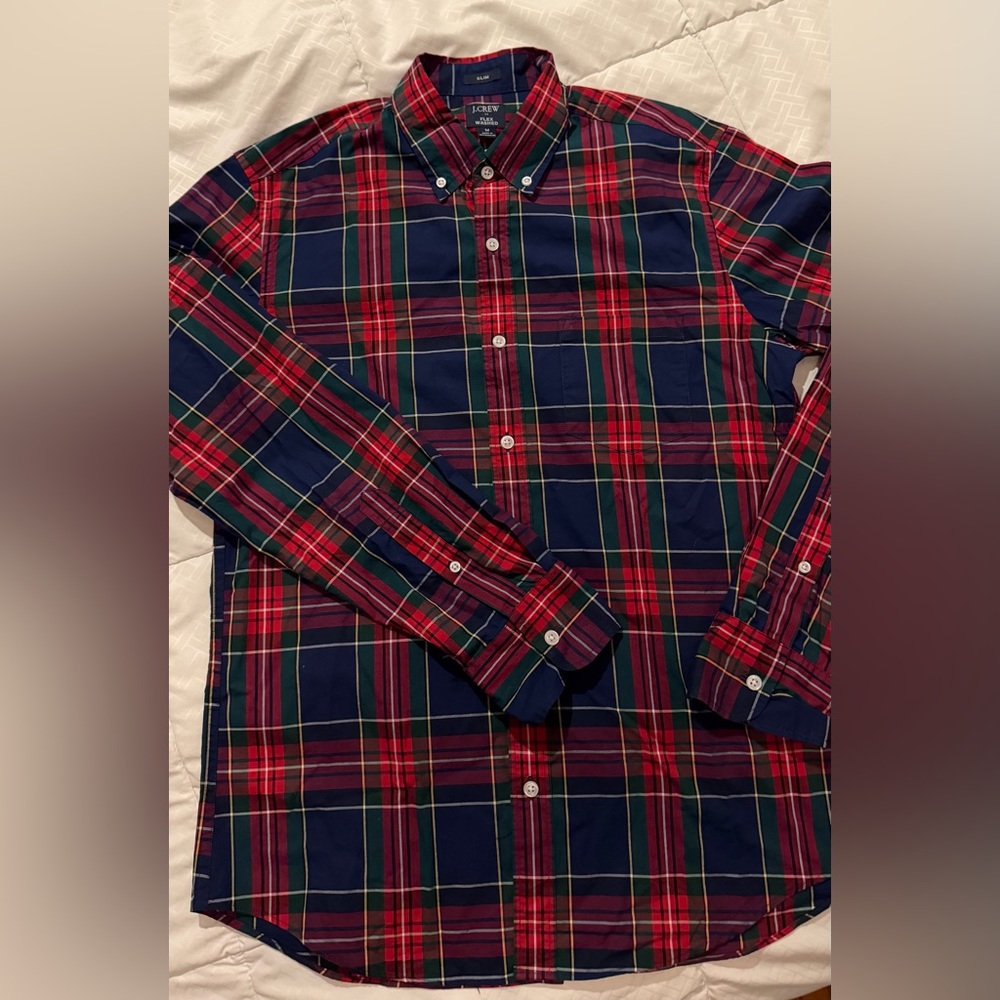 J. Crew Men's Checkered Shirt - Red and Navy